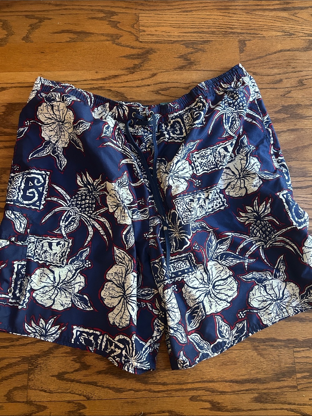 Big Dogs Navy Floral Pineapple Swim Board Shorts with White and Maroon Accents